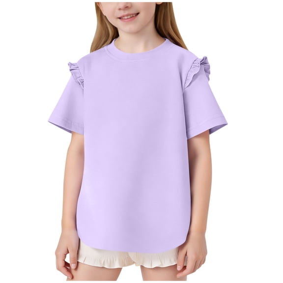 STETMN Kids Summer Cotton Tops Cute Ruffle Short Sleeve T Shirts Casual Solid Baggy Tee for 3-13Y