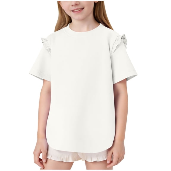 STETMN Kids Summer Cotton Tops Cute Ruffle Short Sleeve T Shirts Casual Solid Baggy Tee for 3-13Y