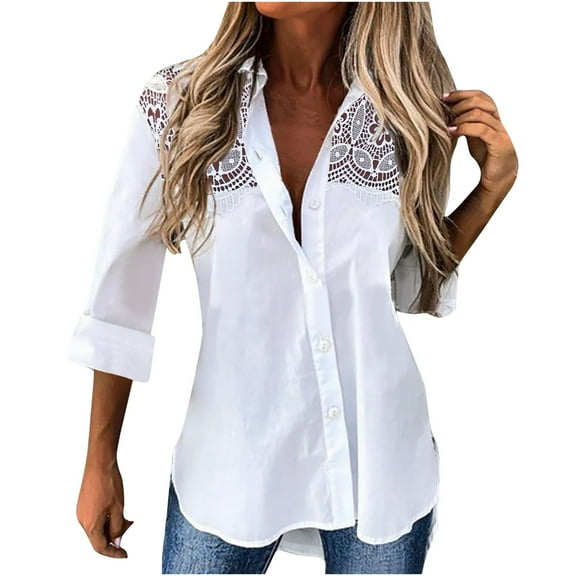 STETMN Lace Button Down Blouse for Women Loose 3/4 Sleeve Tops Fall Business Work Shirt