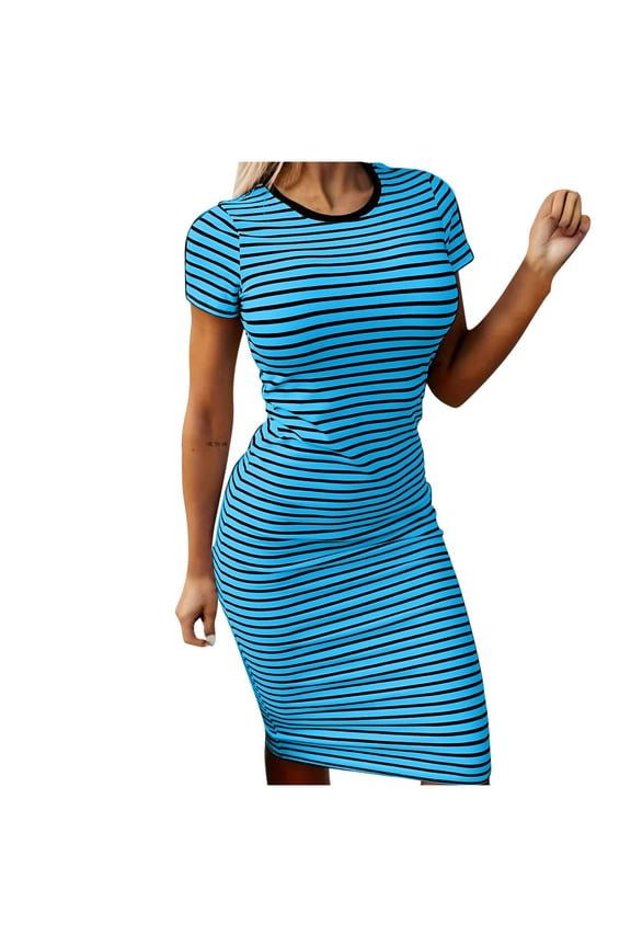 Ladies Maxi Dress Casual Short Sleeve Crew Neck Striped Long Color Block Maxi Dress