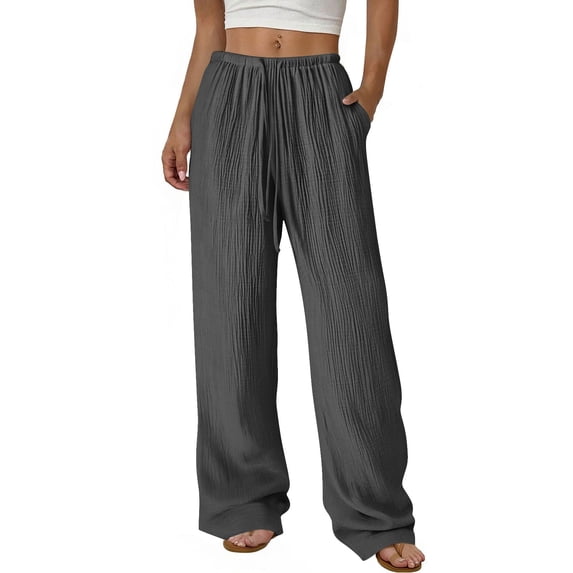 STETMN Linen Pants for Women Solid Drawstring Elastic Waist Casual Trousers Lightweight Pant with Pocket