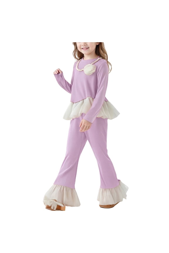 Little Girls Spring Trendy Sets Puff Ruffle Hem Outfit Baggy Top with Floral Necklace Flared Pant Set