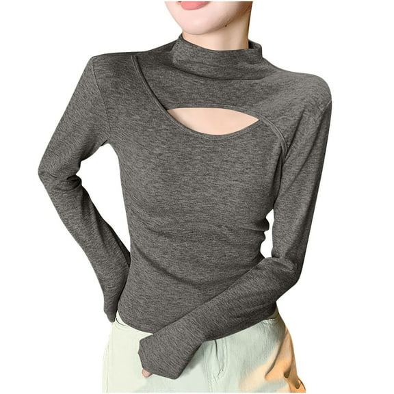 STETMN Long Sleeve Shirts for Women Cutout Front Mock Neck Tops Basic Solid Slim Fit Tunic Tee