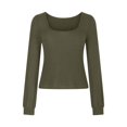 thumbnail image 1 of STETMN Long Sleeve Shirts for Women Square Neck Slim Fit Top Fall Trendy Basic Plain T-shirts, 1 of 4