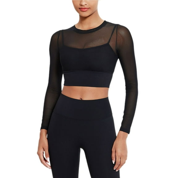 STETMN Long Sleeve Tops for Women Sexy Mesh Tight Shirt Round Neck Crop Running Yoga T-Shirts