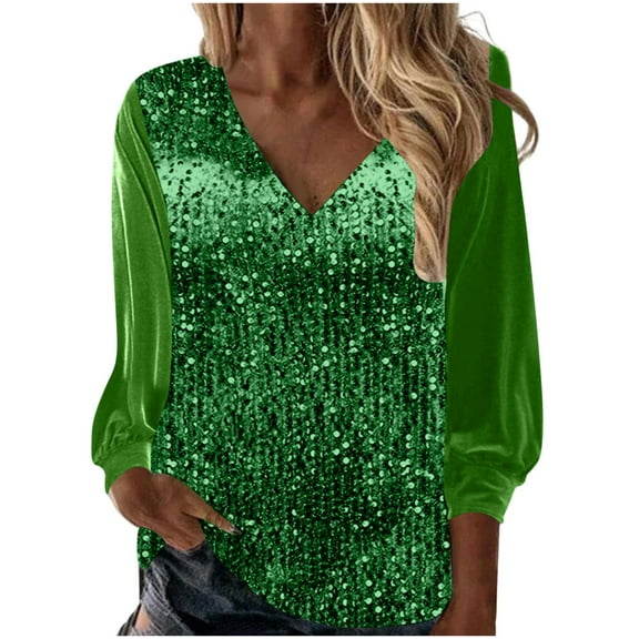 STETMN Long Sleeve Tops for Women Trendy Sequin V Neck Shirts Stylish Party Club Blouse