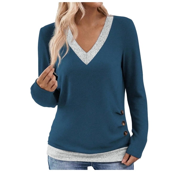 STETMN Long Sleeve V Neck Top for Women Solid Casual Pullover Shirt Button Trim Loose Fit Daily Tunic