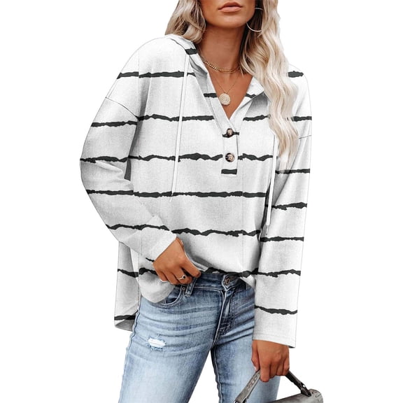 STETMN Loose Hooded Pullover Sweatshirt for Women Casual Stripe Top Button V Neck Trendy Workout Tops