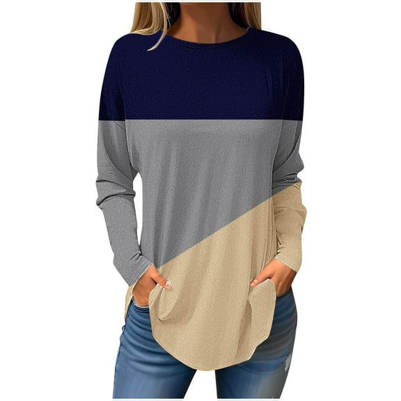 STETMN Loose Long Shirt for Women Casual Color Block Tops Lightweight Soft Curved Hem T-Shirt