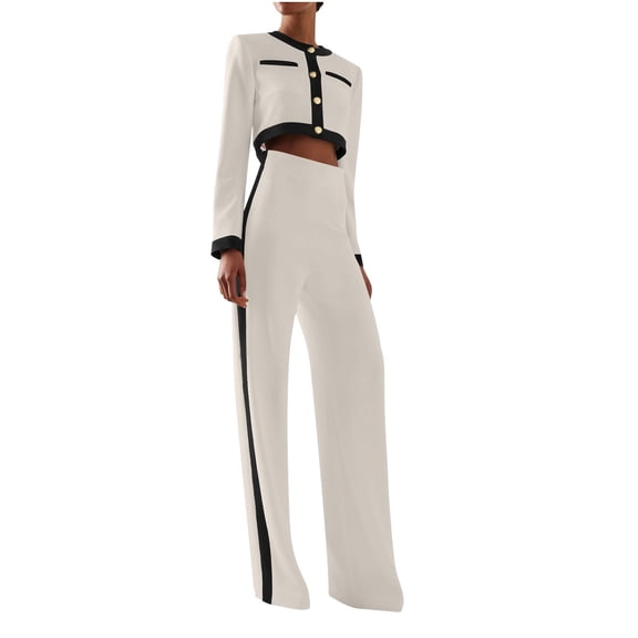 STETMN Lounge Sets for Women Color Block Button Trim Crop Tops High Waist Stretch Pants Trendy Outfit