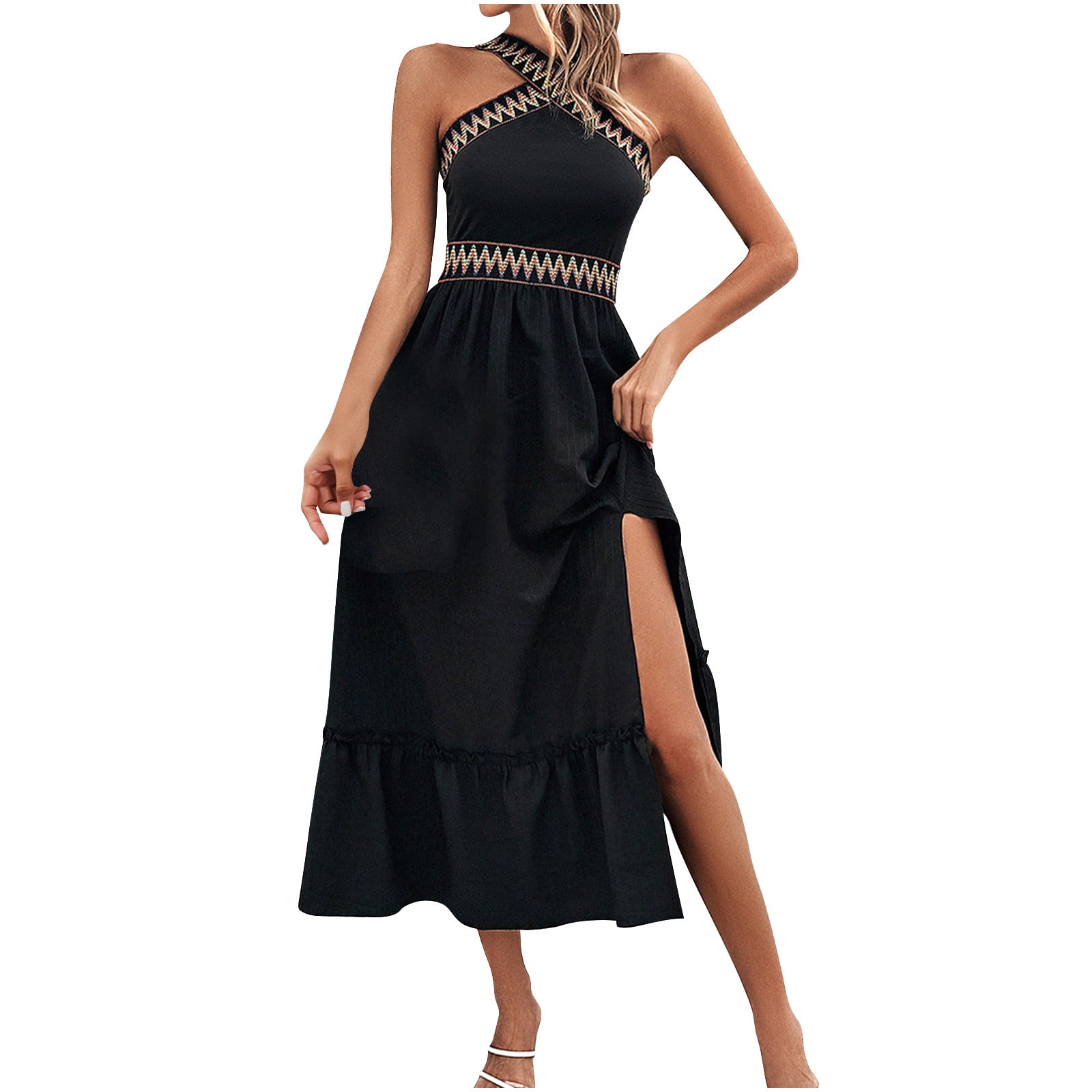 open lace back dress Dressystar Womens 2026 Halter Slit Ruffle Wedding Guest Party Dress Elegant Maxi  Long Sleeveless Formal Prom Cocktail Dresses main image 1