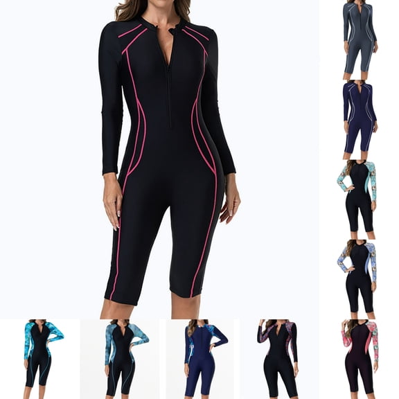 Women's Rash Guard Boyleg Surfing Bathing Suit Zip Summer Long Sleeve One Piece Swimsuit UPF 50