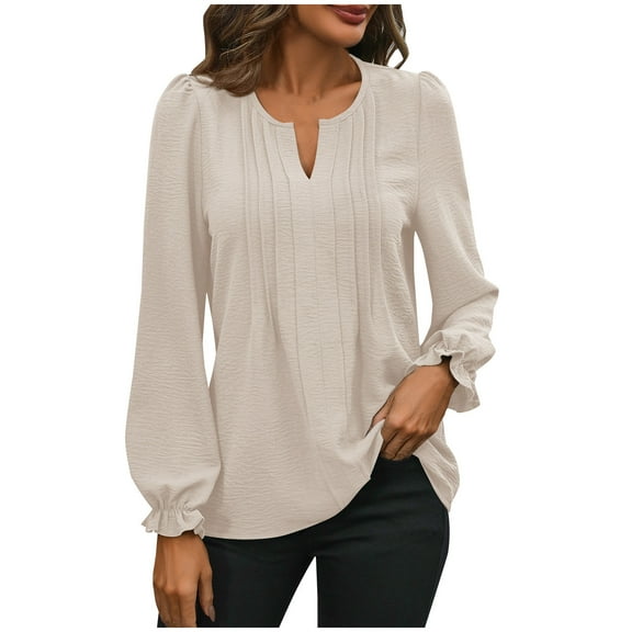 STETMN Notch V Neck Top for Women Puff Long Sleeve Pleated Blouse Loose Fall Going Out Shirts