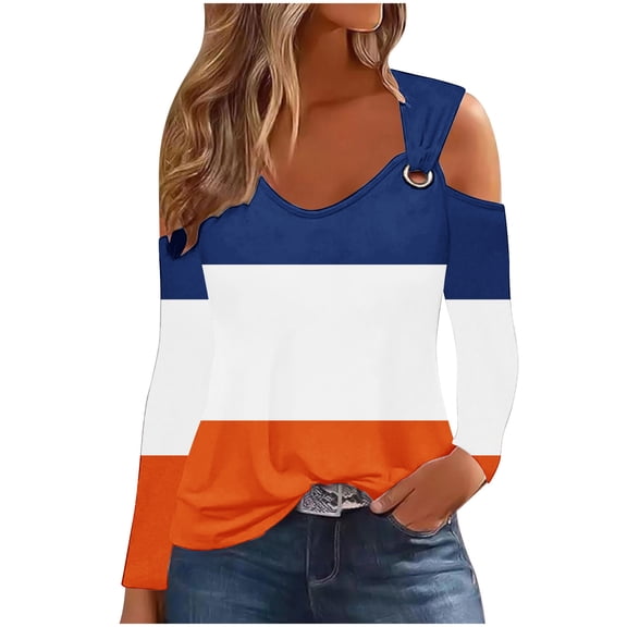 STETMN Off Shoulder T-Shirt for Women Casual Color Block Cozy Tops Loose Fall Going Out Shirt