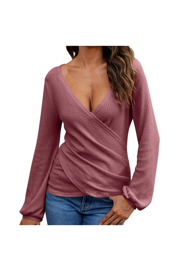 Off The Shoulder Sweater for Women Waffle V-Neck Slim Fit Wrap Tops Sexy Long Sleeve Pullover Shirt