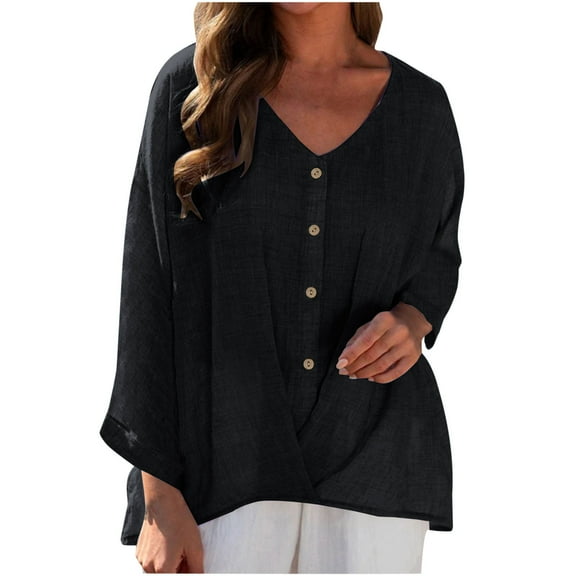 STETMN Oversized Cotton Linen Top for Women Button Down V Neck T-Shirt Fall Lightweight Flowy Shirt