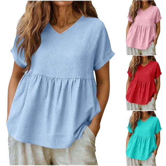 STETMN Oversized Cotton Linen Top for Women V Neck Babydoll Ruched Tops Loose Short Sleeve Tee
