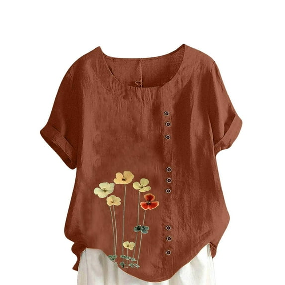 STETMN Oversized Short Sleeve Tops for Women Foral Print Crewneck Tee Loose Button Trim Casual T-Shirt