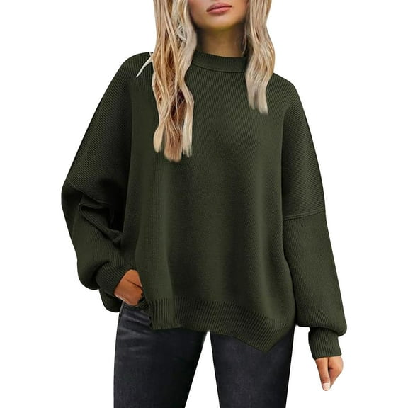 STETMN Oversized Sweaters for Women Casual Crewneck Batwing Sleeve Top Side Slit Pullover Jumper