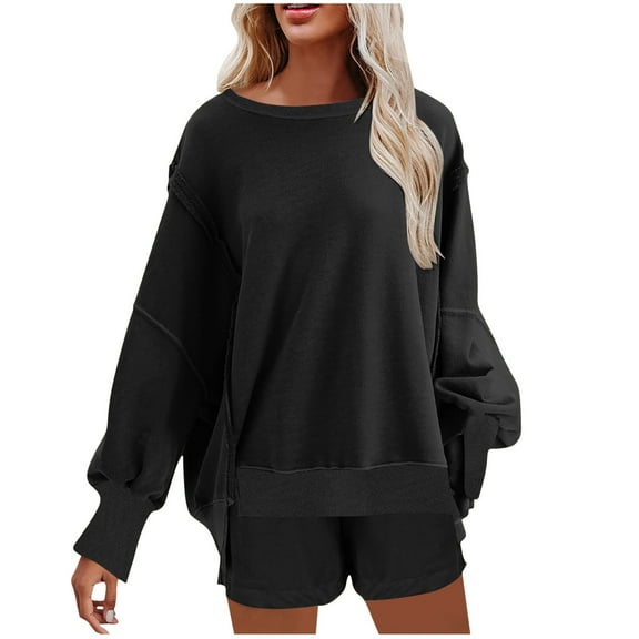 STETMN Oversized Sweatsuit Sets for Women Crewneck Hem Slit Sweatshirt And Shorts Fall Casual Outfit