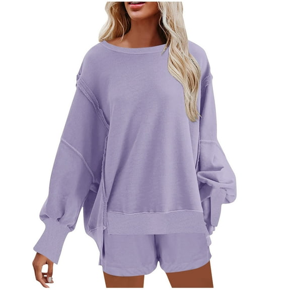 STETMN Oversized Sweatsuit Sets for Women Crewneck Hem Slit Sweatshirt And Shorts Fall Casual Outfit