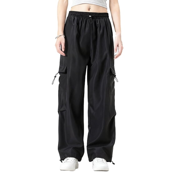 STETMN Parachute Pants for Women Drawstring Loose Cargo Pants Y2K Streetwear Pants with Pocket
