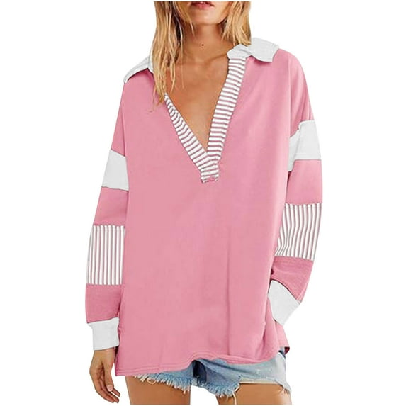 STETMN Plus Size Deep V Neck Sweatshirts for Women Loose Color Block Trendy Pullover Tops