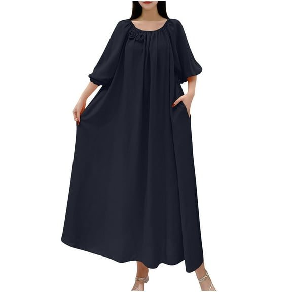 STETMN Plus Size Summer Holiday Dress for Women Half Sleeve Solid Loose Dresses Pleated Beach Sundress