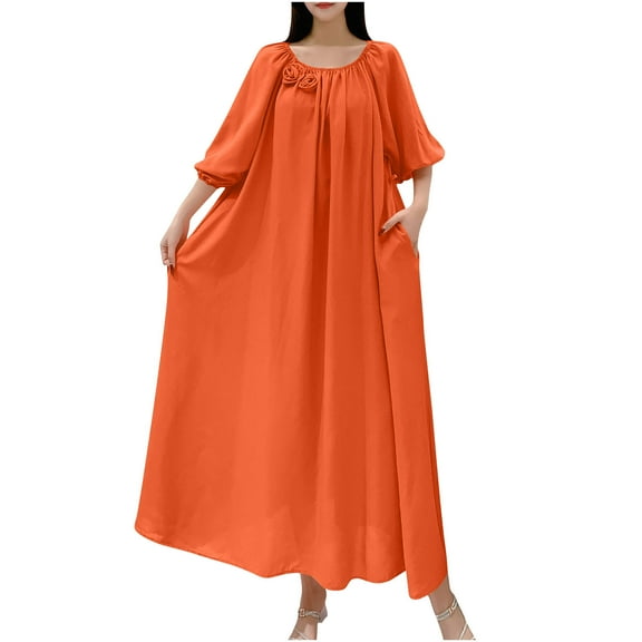 STETMN Plus Size Summer Holiday Dress for Women Half Sleeve Solid Loose Dresses Pleated Beach Sundress