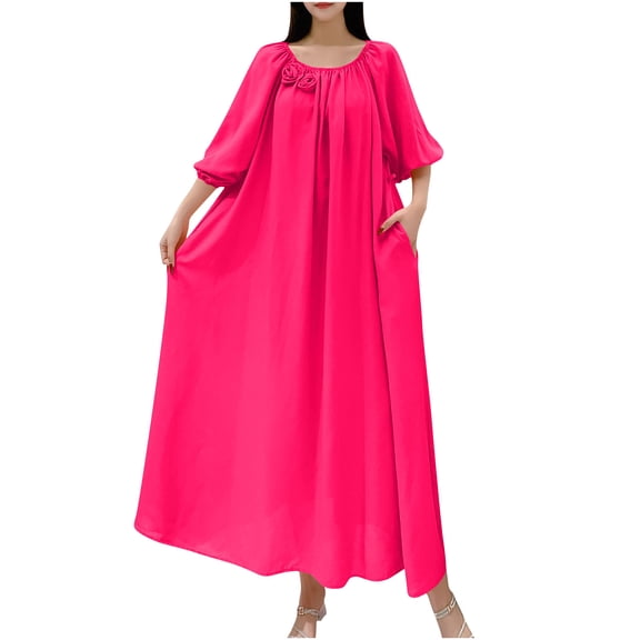 STETMN Plus Size Summer Holiday Dress for Women Half Sleeve Solid Loose Dresses Pleated Beach Sundress