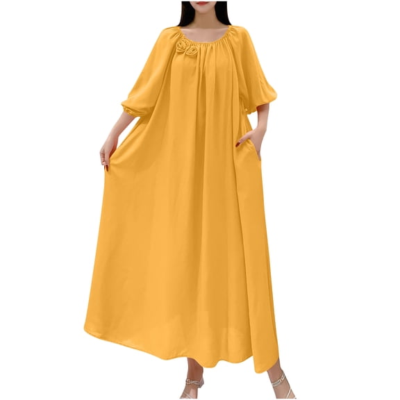 STETMN Plus Size Summer Holiday Dress for Women Half Sleeve Solid Loose Dresses Pleated Beach Sundress