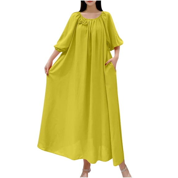 STETMN Plus Size Summer Holiday Dress for Women Half Sleeve Solid Loose Dresses Pleated Beach Sundress