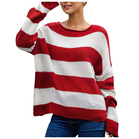 STETMN Plus Size Sweater for Women Casual Stripe Color Block Blouse Breathable Crew Neck Fall T-Shirt