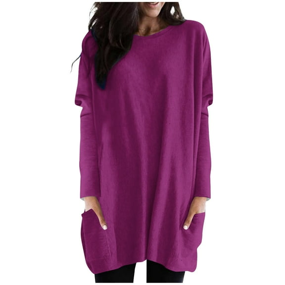 STETMN Plus Size Women's Round Neck Top Casual Plain Long Shirts Loose Going Out T-Shirt with Pocket