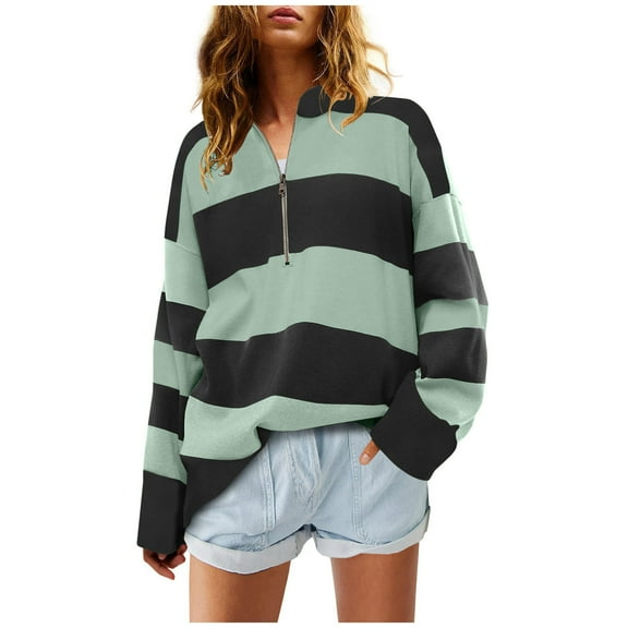 STETMN Plus Size Workout Shirts for Women Loose Half Zip Striped Sweaters Color Block Casual Tops