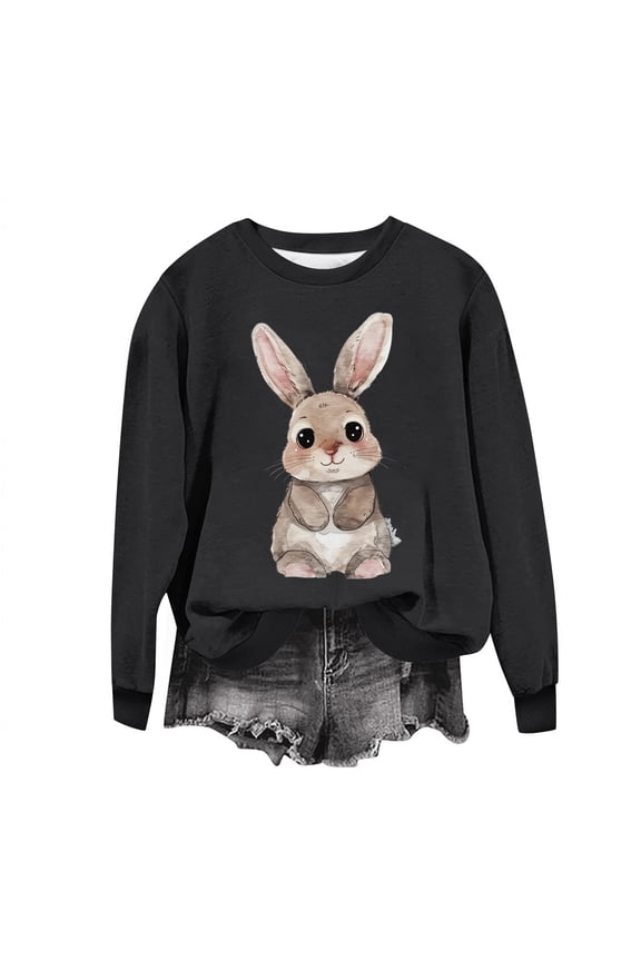 Retro Easter T-Shirt for Women Casual Bunny Print Top Loose Cute Long Sleeve Pullover Shirt
