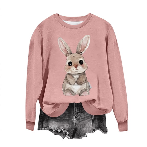 STETMN Retro Easter T-Shirt for Women Casual Bunny Print Top Loose Cute Long Sleeve Pullover Shirt