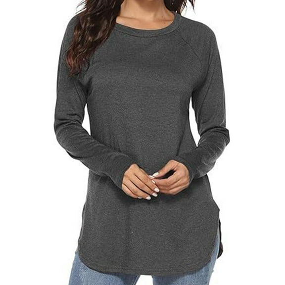 STETMN Round Neck Tops for Women Casual Plain Long Sleeve Shirt Lightweight Curved Hem T-Shirt