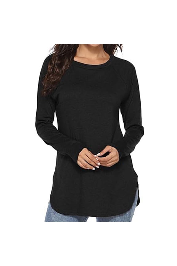 Round Neck Tops for Women Casual Plain Long Sleeve Shirt Lightweight Curved Hem T-Shirt