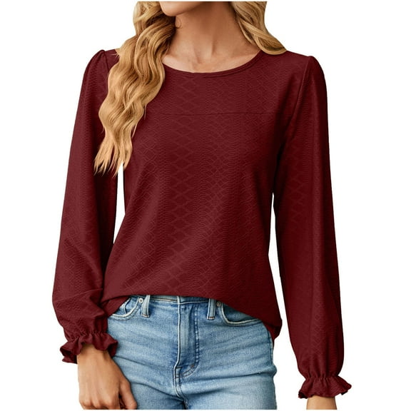 STETMN Round Neck Tops for Women Puff Long Sleeve Textured Blouse Dressy Office Work Shirt