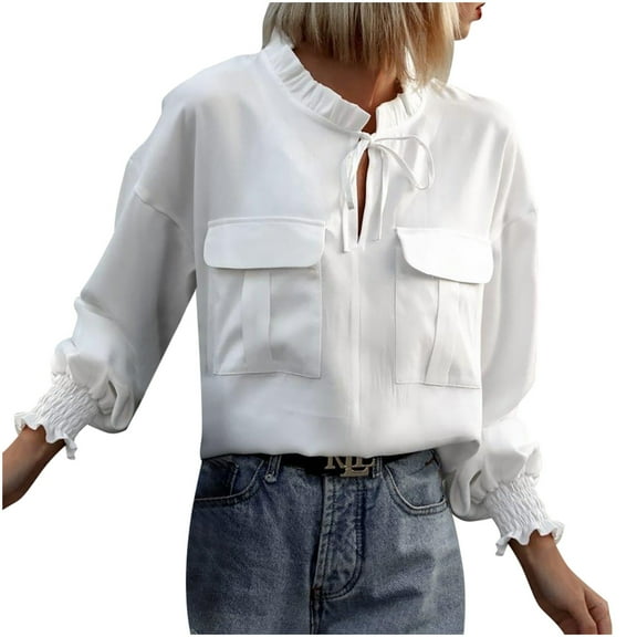 STETMN Ruffle Neck Tops for Women Elegant Tie Front Blouse Loose Pocket Shirt with Smocked Cuff