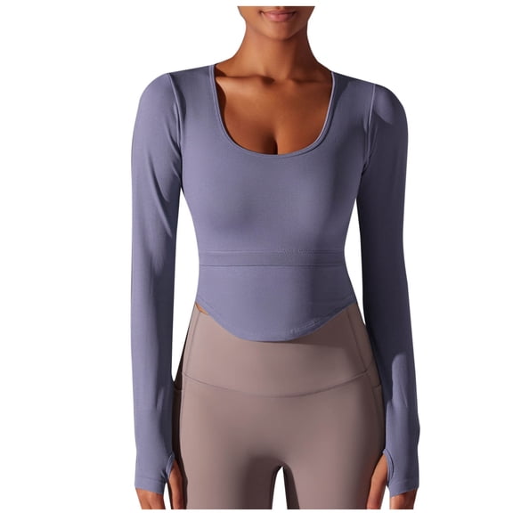 STETMN Scoop Neck Top for Women Slim Long Sleeve Crop Shirt Yoga Workout Clothes with Thumb Hole
