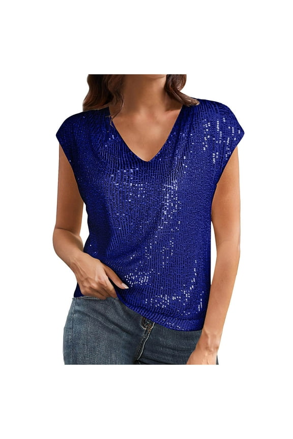 Sequin Cap Sleeve Tops for Women Loose V Neck T-Shirt Casual Trendy Party Club Shirt