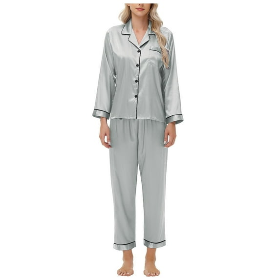 STETMN Silk Pajamas Sets for Women Satin Button Long Sleeve Top Solid Loose Pant Lounge Nightwear Outfits