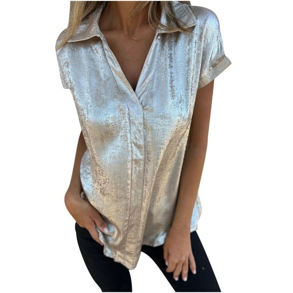 STETMN Silk Women's Lapel V Neck Shirt Short Sleeve Satin Tops Loose Trendy Button Down Blouse