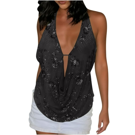STETMN Sleeveless Sequin Top for Women Sparkly Halter Sexy Tank Deep V Neck Party Club Shirt Glitter Going Out
