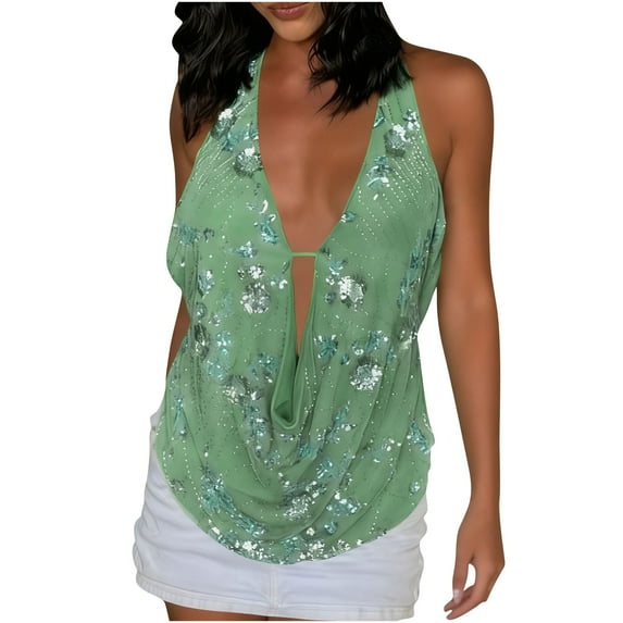 STETMN Sleeveless Sequin Top for Women Sparkly Halter Sexy Tank Deep V Neck Party Club Shirt Glitter Going Out