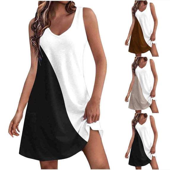 STETMN Sleeveless Tank Dress for Women Color Block Crewneck Loose Beach Vacation Sundress