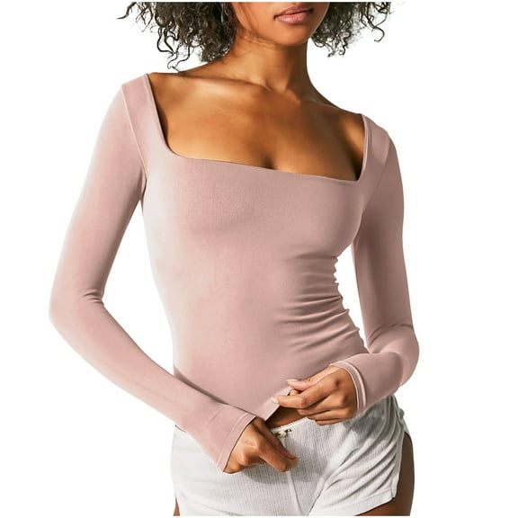 STETMN Slim Square Neck Tops for Women Crop Plain Long Sleeve Shirt Fall Cozy Layer T-Shirt