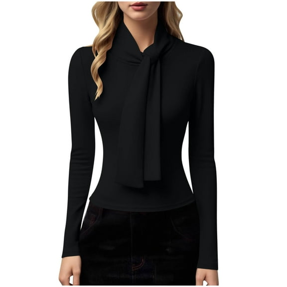 STETMN Solid Tops for Women Tie Mock Neck Trendy Shirts Spring Crop Layer T-Shirt